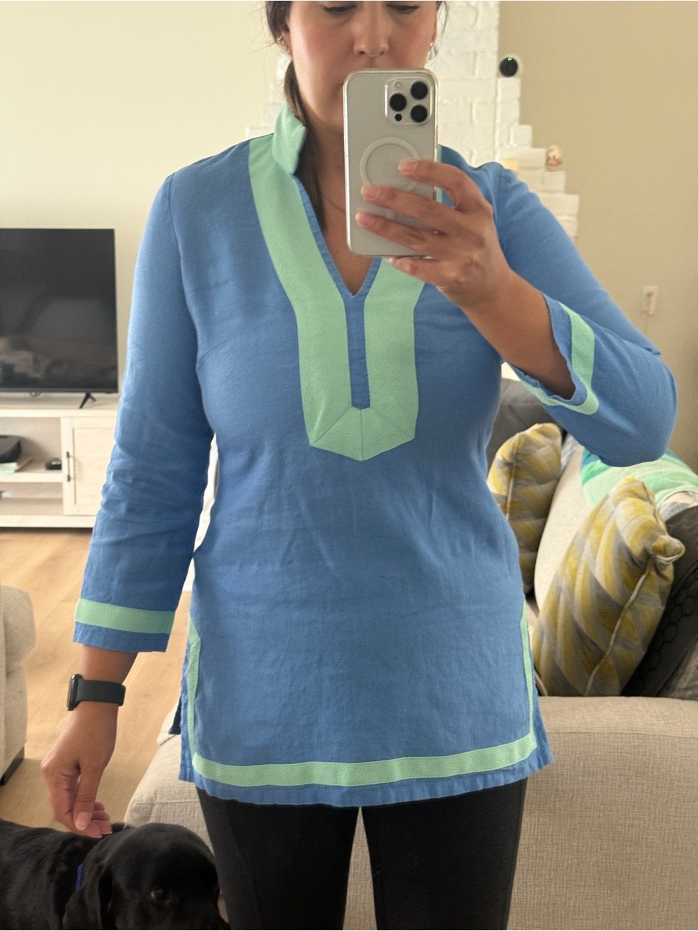 Linen Women's Sky Blue Tunic with Mint Contrast Trim